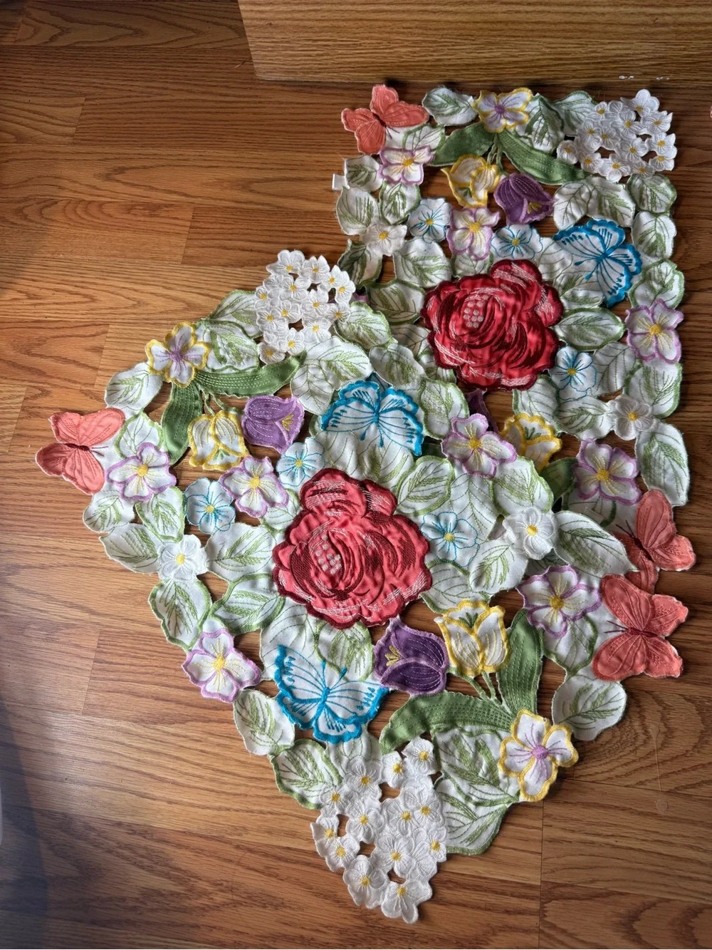 Vintage Set of Four multicolor embroidered floral & butterfly cutout placemats